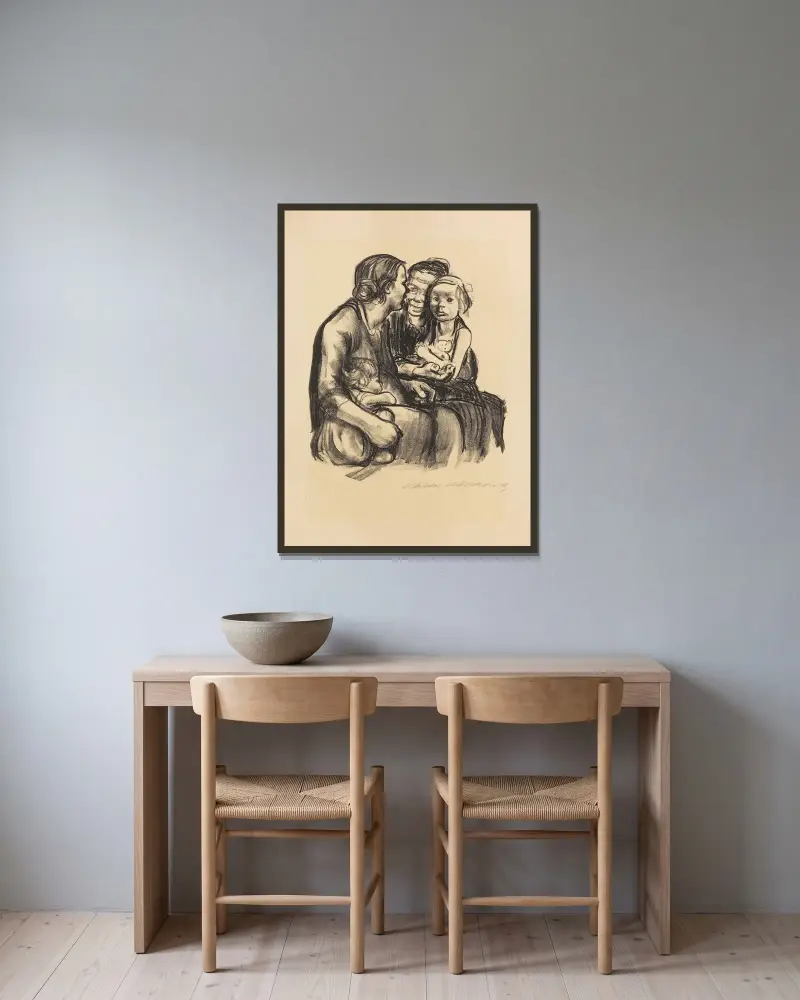 Två pratande kvinnor med två barn, 1930 – nr 1 av Käthe Kollwitz inramad på en vägg
