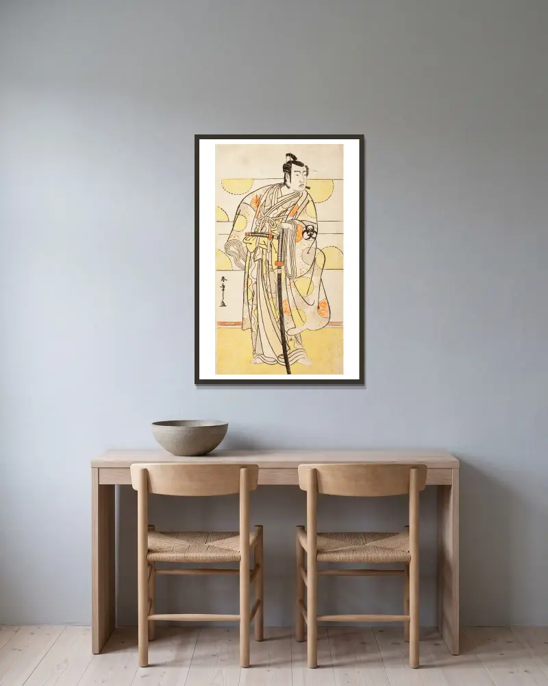 Skådespelaren Bandō Mitsugorō I av Katsukawa Shunshō inramad på en vägg