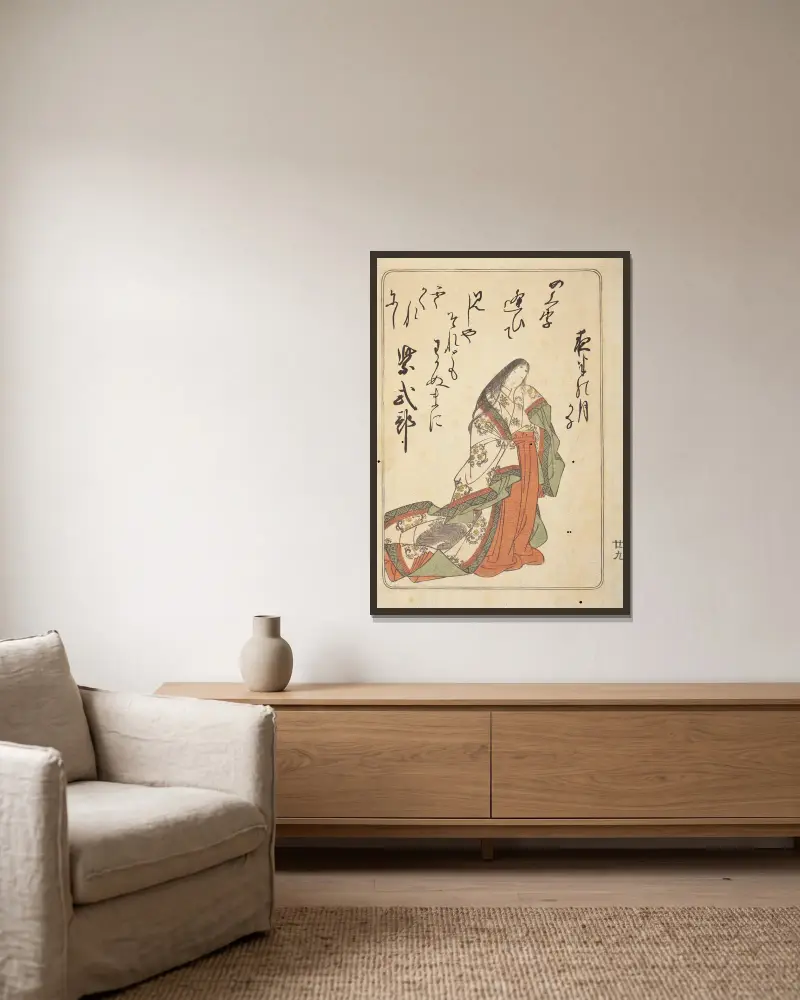 Poetissan Murasaki Shikibu ur boken Hundra poeter i österländsk brokad av Katsukawa Shunshō inramad på en vägg