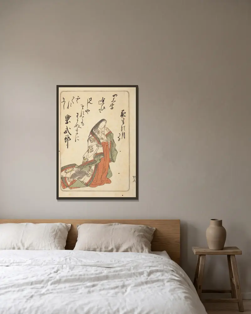 Poetissan Murasaki Shikibu ur boken Hundra poeter i österländsk brokad av Katsukawa Shunshō inramad på en vägg