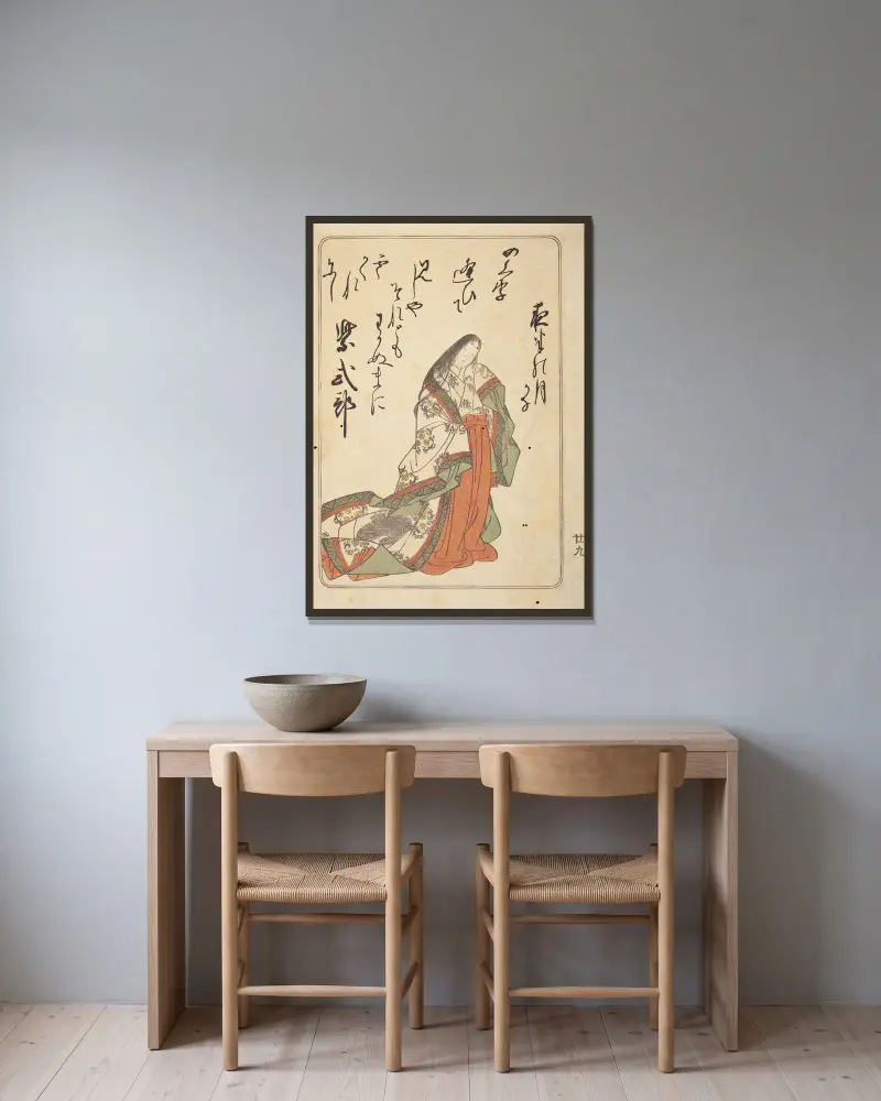 Poetissan Murasaki Shikibu ur boken Hundra poeter i österländsk brokad av Katsukawa Shunshō inramad på en vägg
