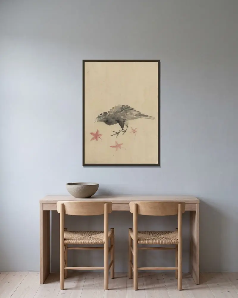A bird, possibly crow or raven, facing left, standing among leaves with head cocked as though looking closely or listening av Katsushika Hokusai inramad på en vägg