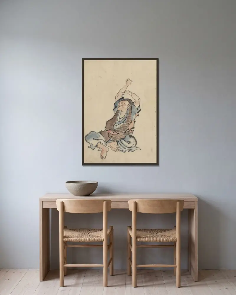 A man, facing left, wearing several layers of clothing, sitting with arms raised over his head, practicing yoga av Katsushika Hokusai inramad på en vägg