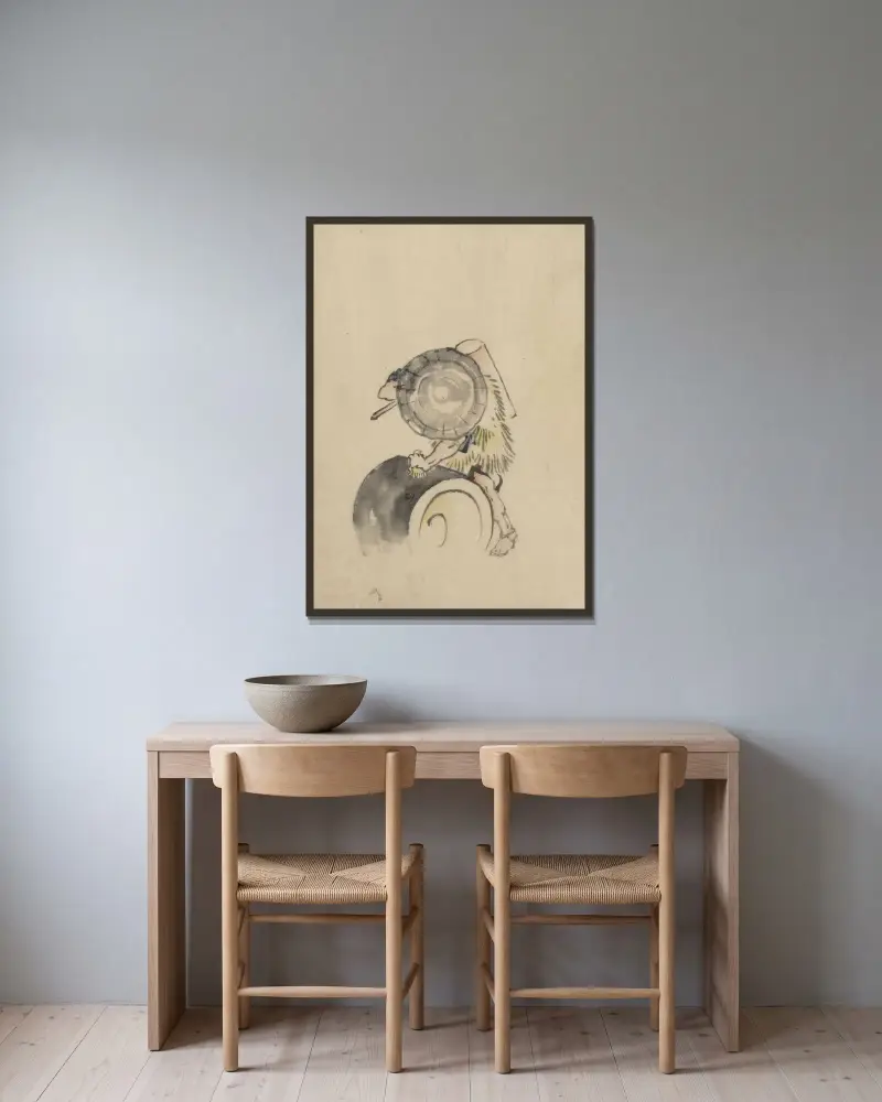 En man med stor konisk hatt och plagg av halm eller fjädrar, 1830 – nr 1 av Katsushika Hokusai inramad på en vägg