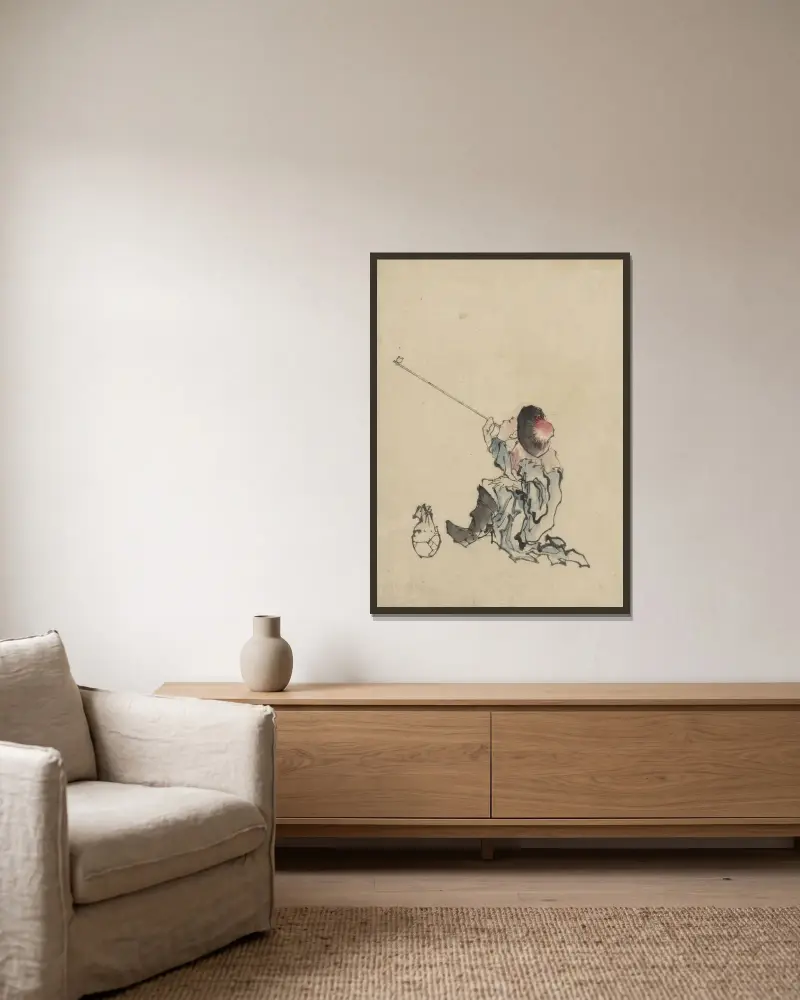 Sittande resande med lång pipa av Katsushika Hokusai inramad på en vägg