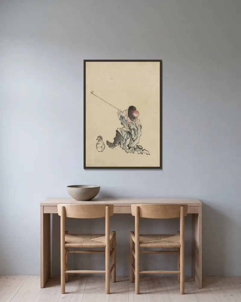 Sittande resande med lång pipa av Katsushika Hokusai inramad på en vägg