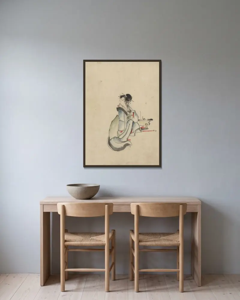 En kvinna, möjligen en kurtisan, sittande, vänd mot höger, med huvudet vänt för att se tillbaka över sin högra axel, med flera hårpinnar av Katsushika Hokusai inramad på en vägg