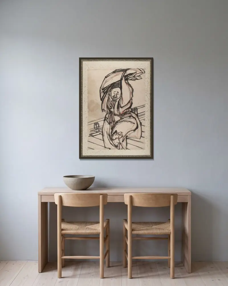 Skissalbum av Katsushika Hokusai och hans lärjungar, plansch 3 av Katsushika Hokusai inramad på en vägg