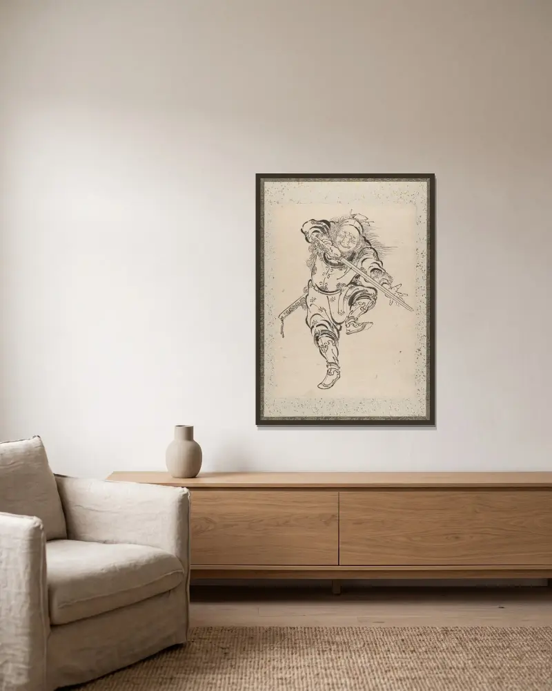 Skissalbum av Katsushika Hokusai och hans lärjungar, plansch 5 av Katsushika Hokusai inramad på en vägg