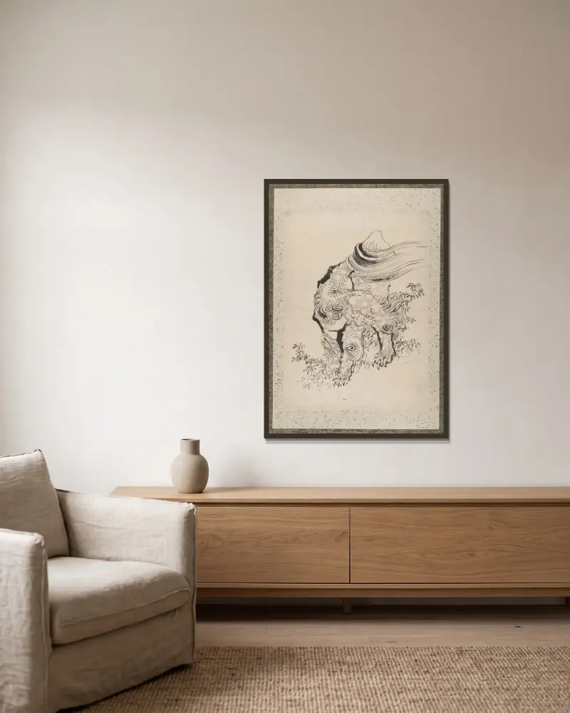 Skissalbum av Katsushika Hokusai och hans lärjungar, plansch 1 av Katsushika Hokusai inramad på en vägg