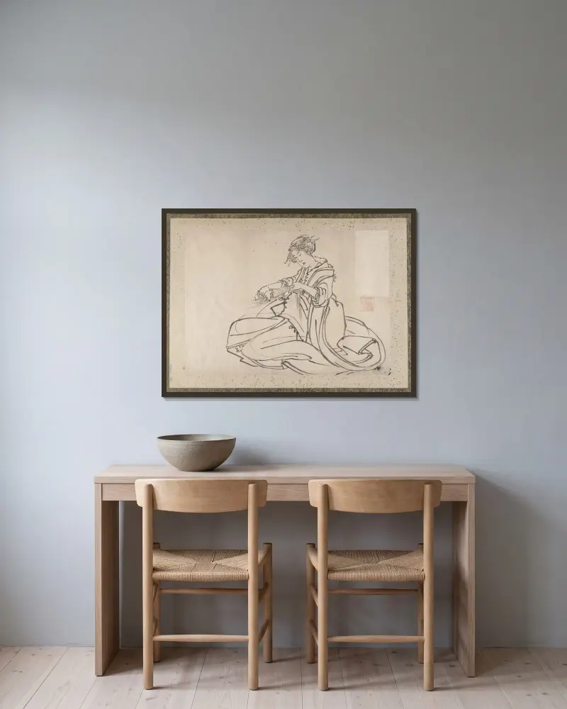 Skissalbum av Katsushika Hokusai och hans lärjungar, plansch 28 av Katsushika Hokusai inramad på en vägg