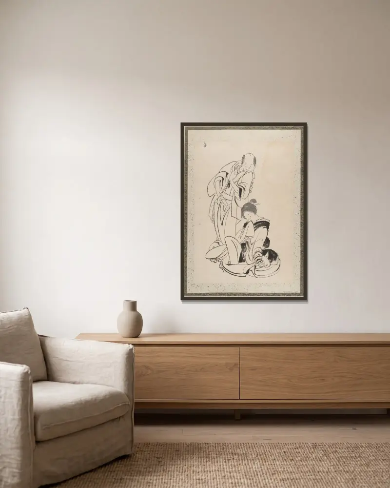 Skissalbum av Katsushika Hokusai och hans lärjungar, plansch 13 av Katsushika Hokusai inramad på en vägg