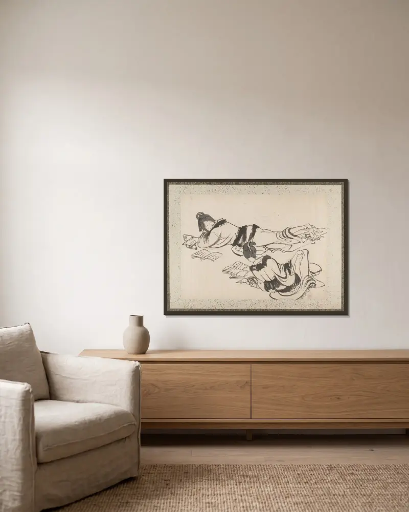 Skissalbum av Katsushika Hokusai och hans lärjungar, plansch 27 av Katsushika Hokusai inramad på en vägg