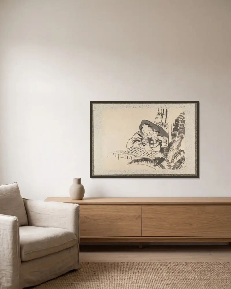 Skissalbum av Katsushika Hokusai och hans lärjungar, plansch 22 av Katsushika Hokusai inramad på en vägg