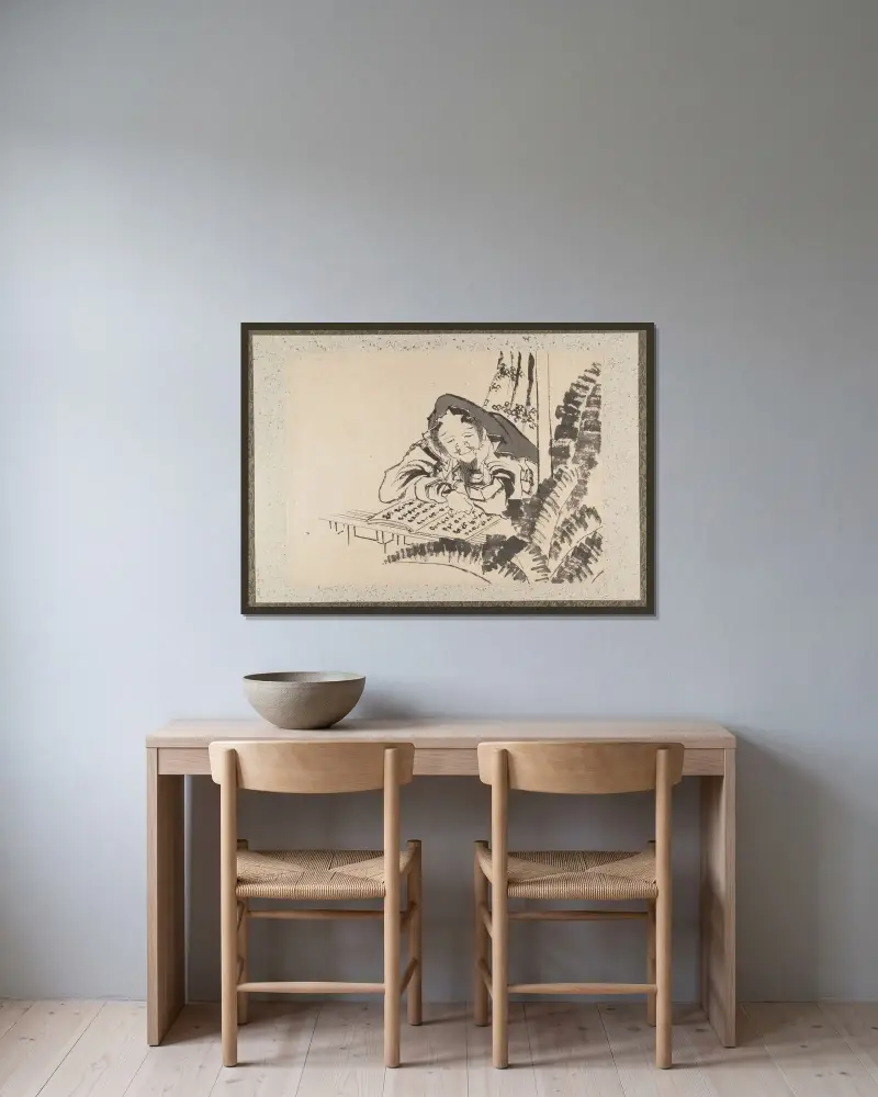 Skissalbum av Katsushika Hokusai och hans lärjungar, plansch 22 av Katsushika Hokusai inramad på en vägg