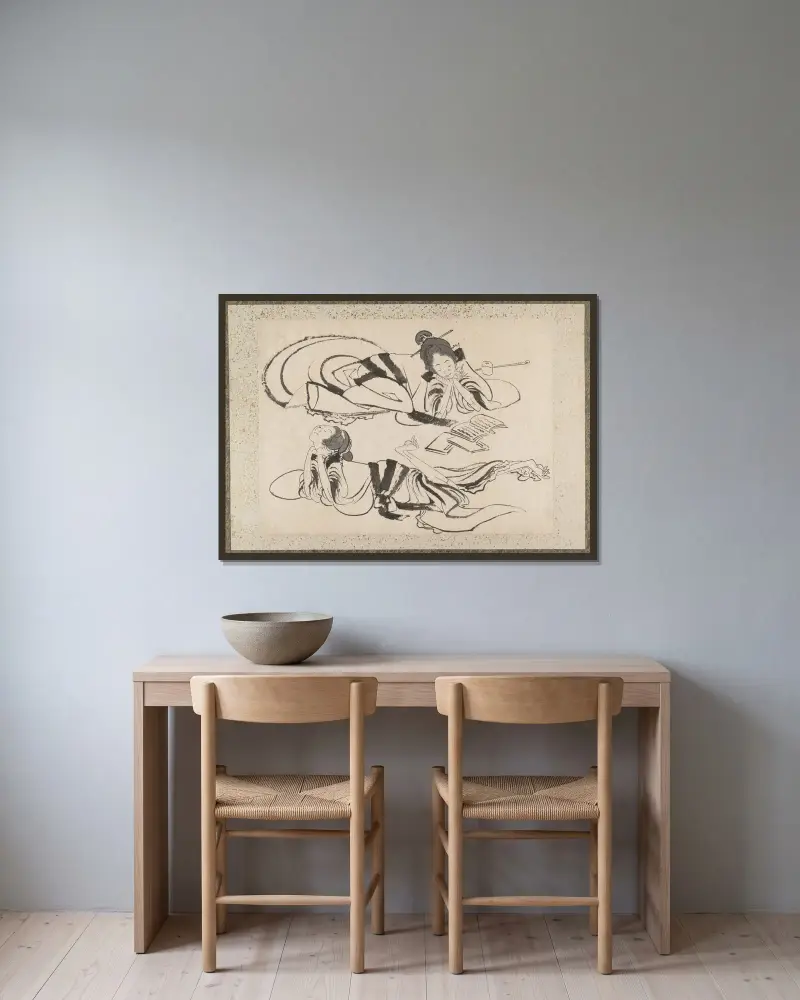 Skissalbum av Katsushika Hokusai och hans lärjungar, plansch 25 av Katsushika Hokusai inramad på en vägg