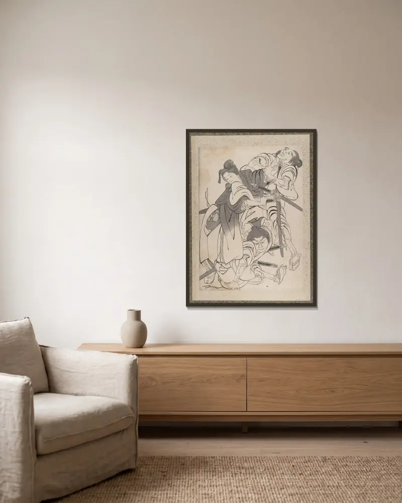 Skissalbum av Katsushika Hokusai och hans lärjungar, plansch 4 av Katsushika Hokusai inramad på en vägg