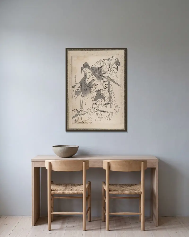 Skissalbum av Katsushika Hokusai och hans lärjungar, plansch 4 av Katsushika Hokusai inramad på en vägg
