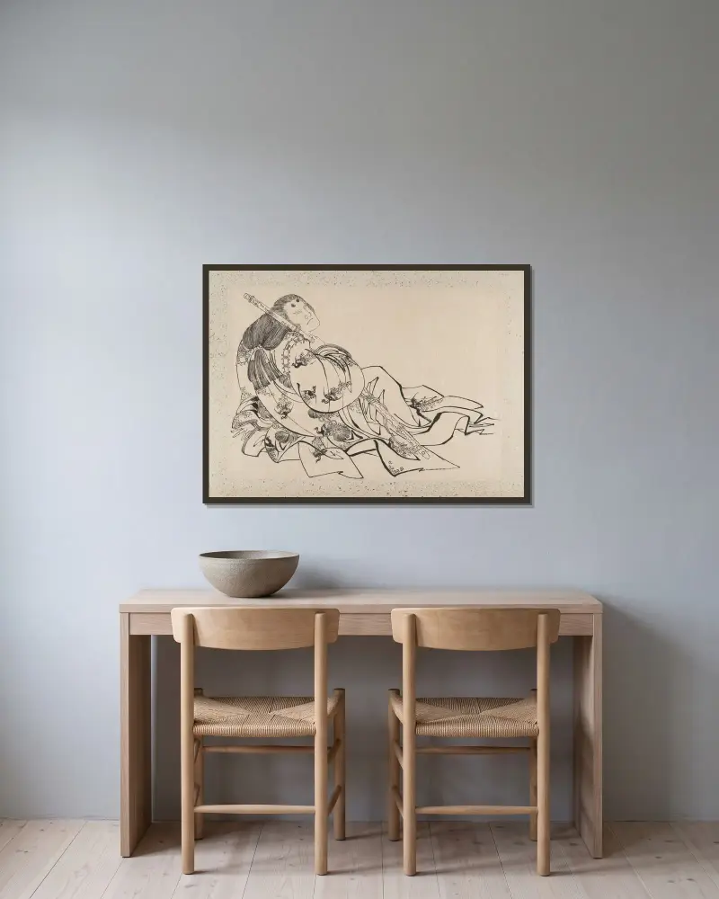 Skissalbum av Katsushika Hokusai och hans lärjungar, plansch 23 av Katsushika Hokusai inramad på en vägg