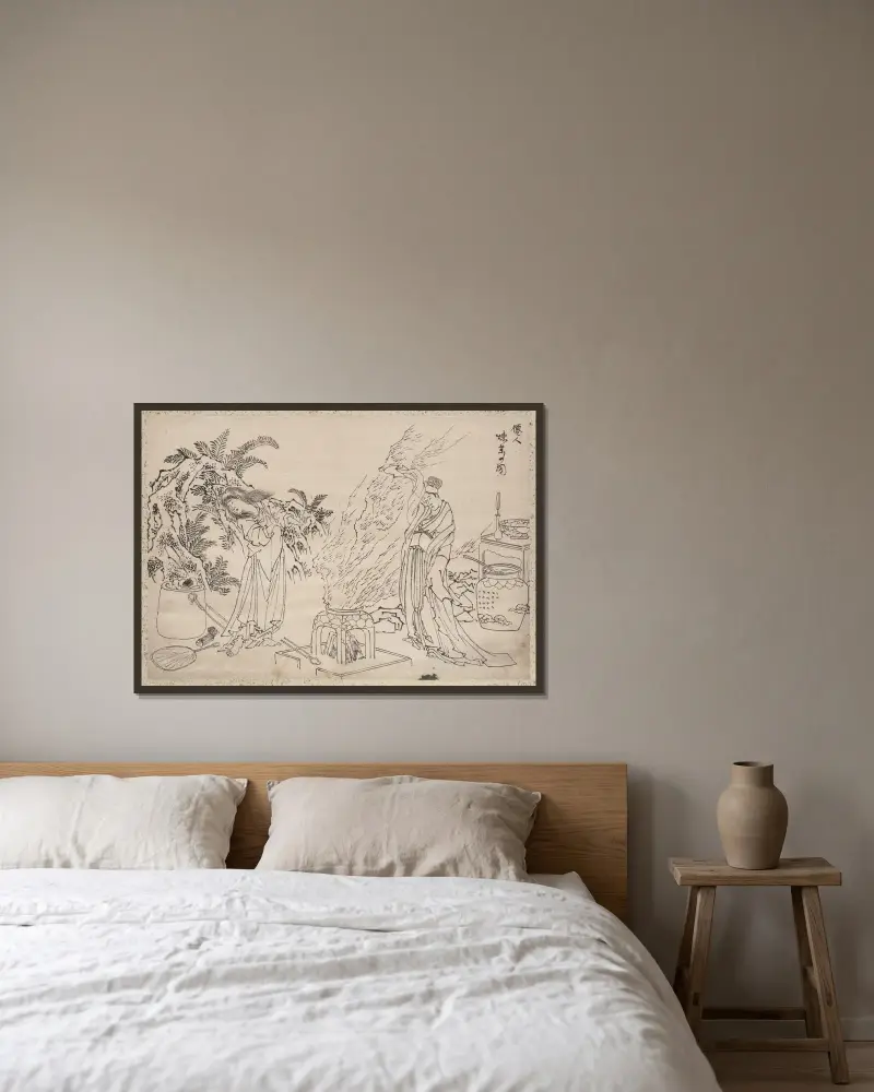 Skissalbum av Katsushika Hokusai och hans lärjungar, plansch 60 av Katsushika Hokusai inramad på en vägg