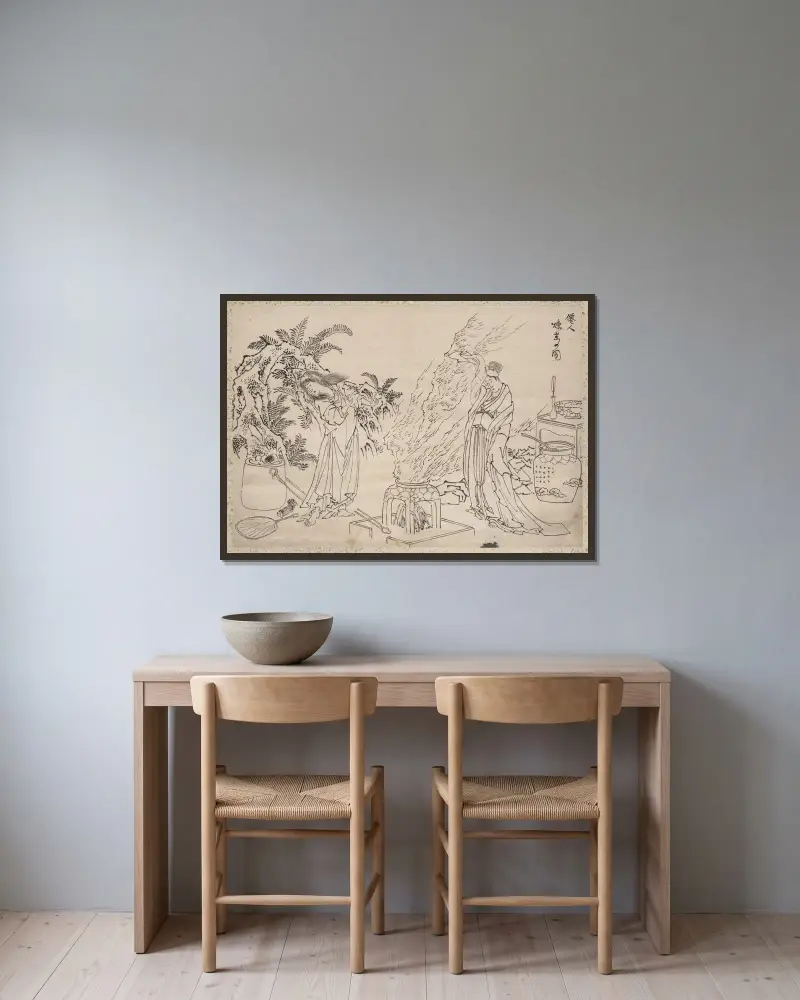 Skissalbum av Katsushika Hokusai och hans lärjungar, plansch 60 av Katsushika Hokusai inramad på en vägg