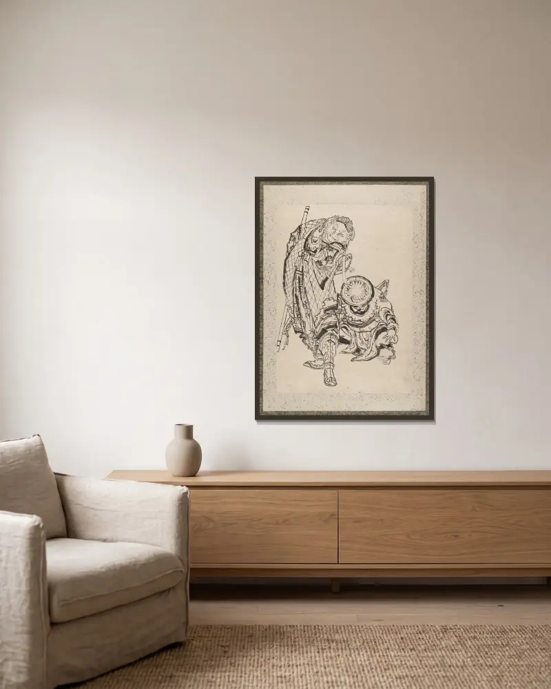 Skissalbum av Katsushika Hokusai och hans lärjungar, plansch 7 av Katsushika Hokusai inramad på en vägg
