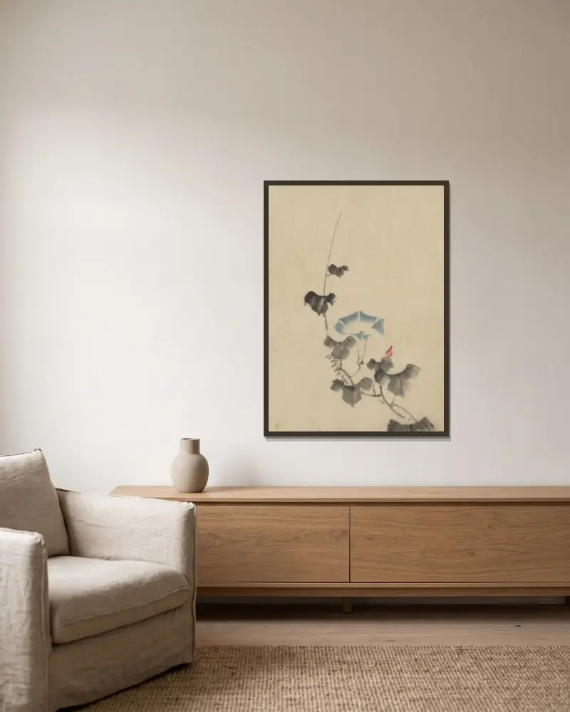 Blå blomma av blomman för dagen på ranka av Katsushika Hokusai inramad på en vägg