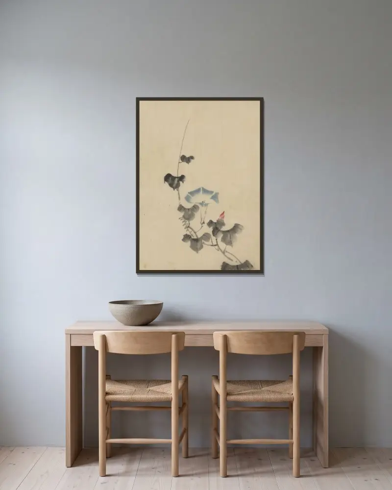 Blå blomma av blomman för dagen på ranka av Katsushika Hokusai inramad på en vägg