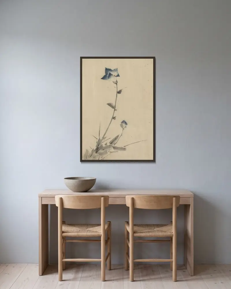 Blue flower blossom and bud at the end of a stalk av Katsushika Hokusai inramad på en vägg