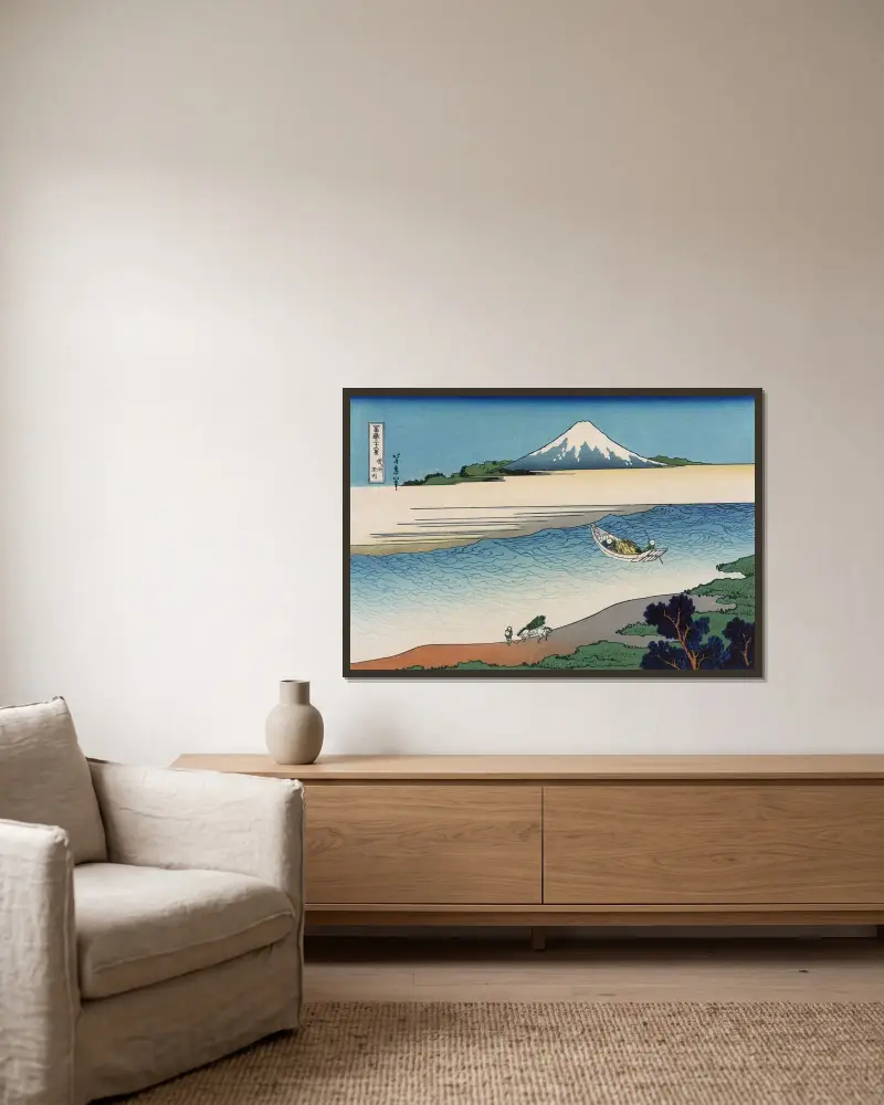 Floden Tama i Musashi av Katsushika Hokusai inramad på en vägg