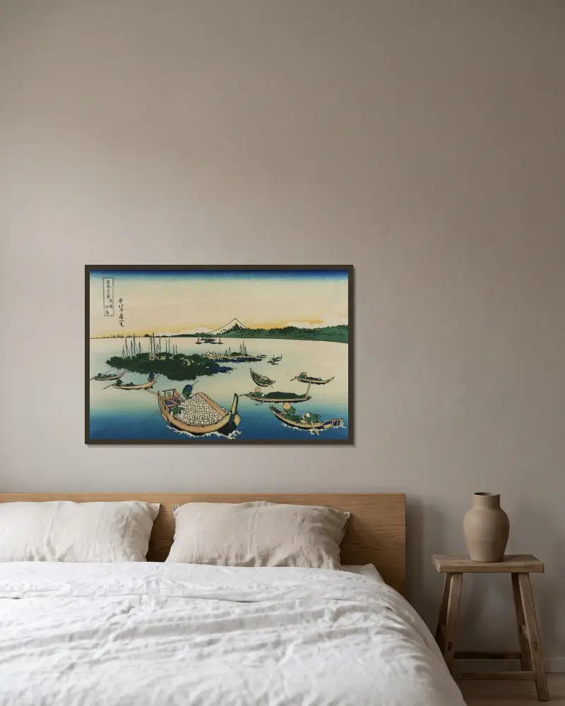 Buyō tsukuda-jima av Katsushika Hokusai inramad på en vägg