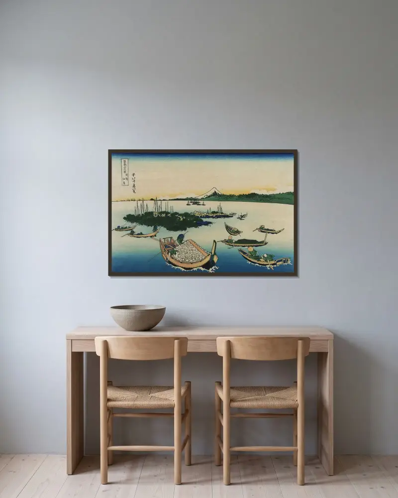 Buyō tsukuda-jima av Katsushika Hokusai inramad på en vägg