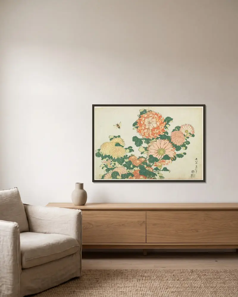 Chrysanthemums and Horsefly av Katsushika Hokusai inramad på en vägg