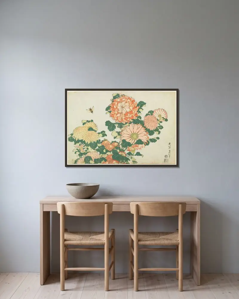 Chrysanthemums and Horsefly av Katsushika Hokusai inramad på en vägg