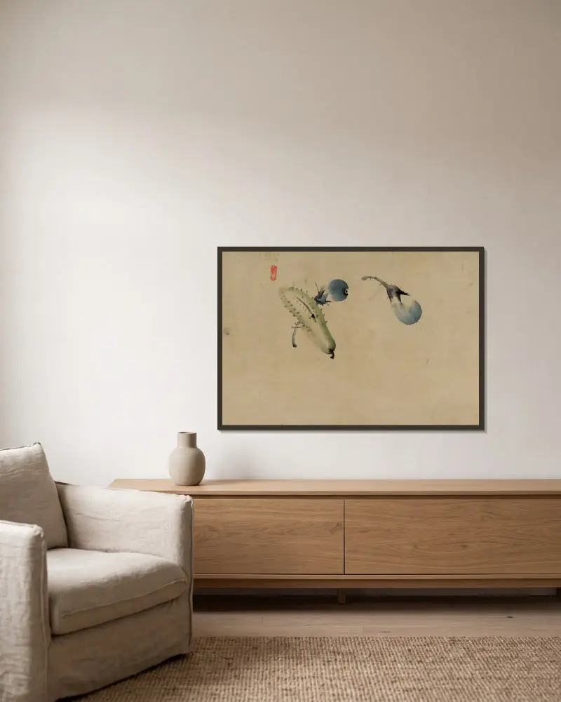 Gurka eller squash och aubergine av Katsushika Hokusai inramad på en vägg