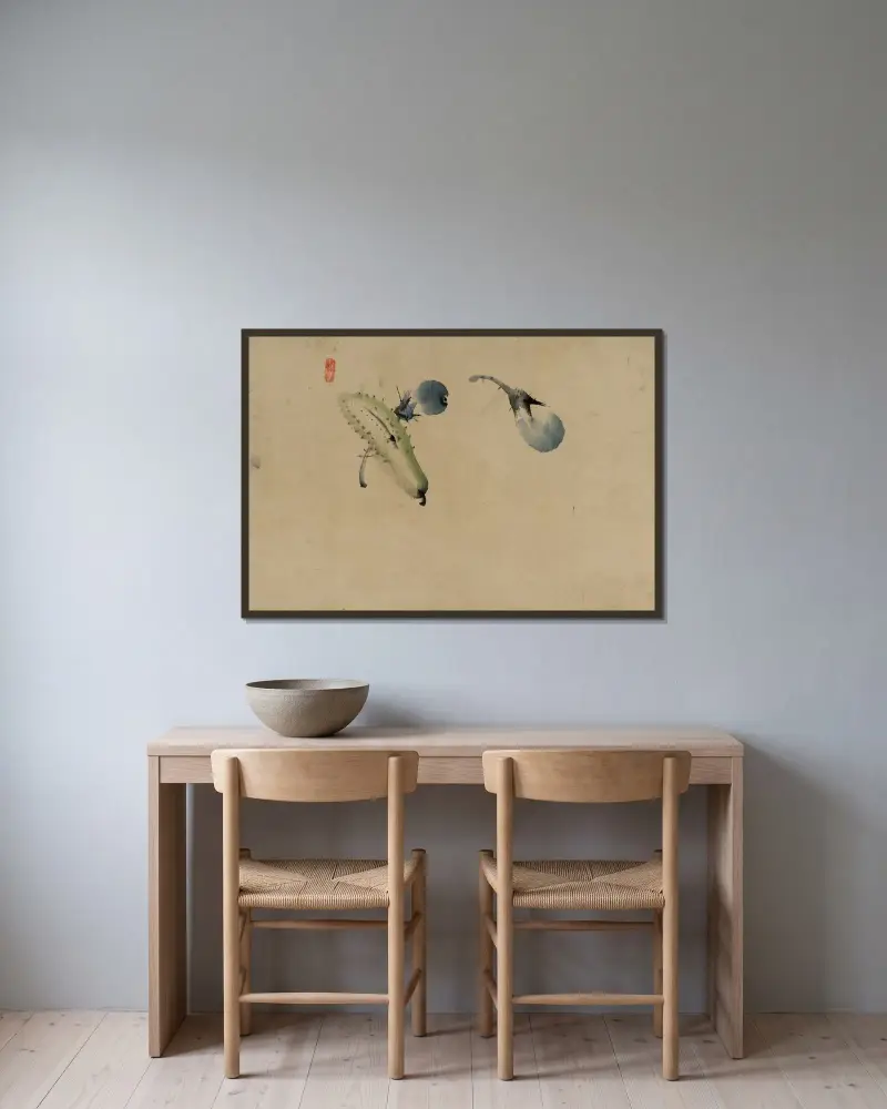 Gurka eller squash och aubergine av Katsushika Hokusai inramad på en vägg
