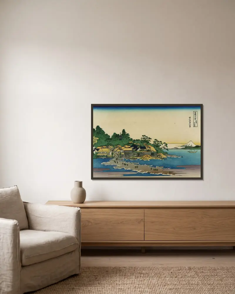 Enoshima in Sagami Province – nr 1 av Katsushika Hokusai inramad på en vägg
