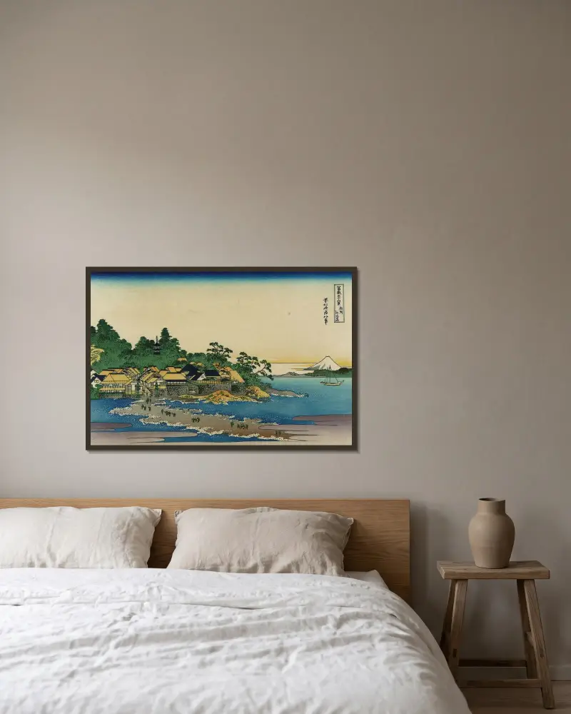 Enoshima in Sagami Province – nr 1 av Katsushika Hokusai inramad på en vägg