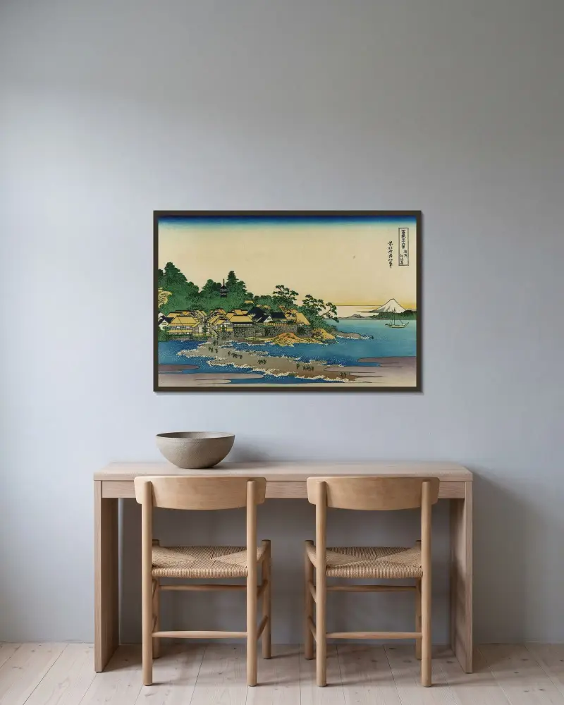 Enoshima in Sagami Province – nr 1 av Katsushika Hokusai inramad på en vägg
