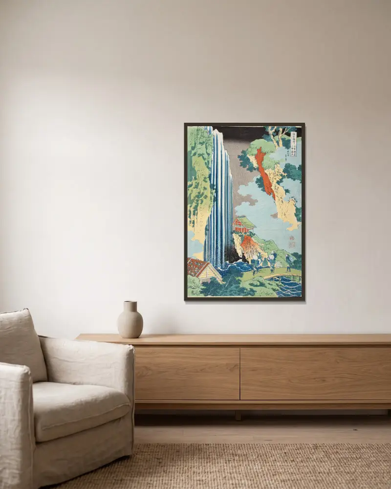 Fallen vid Ono på Kisokaidō av Katsushika Hokusai inramad på en vägg