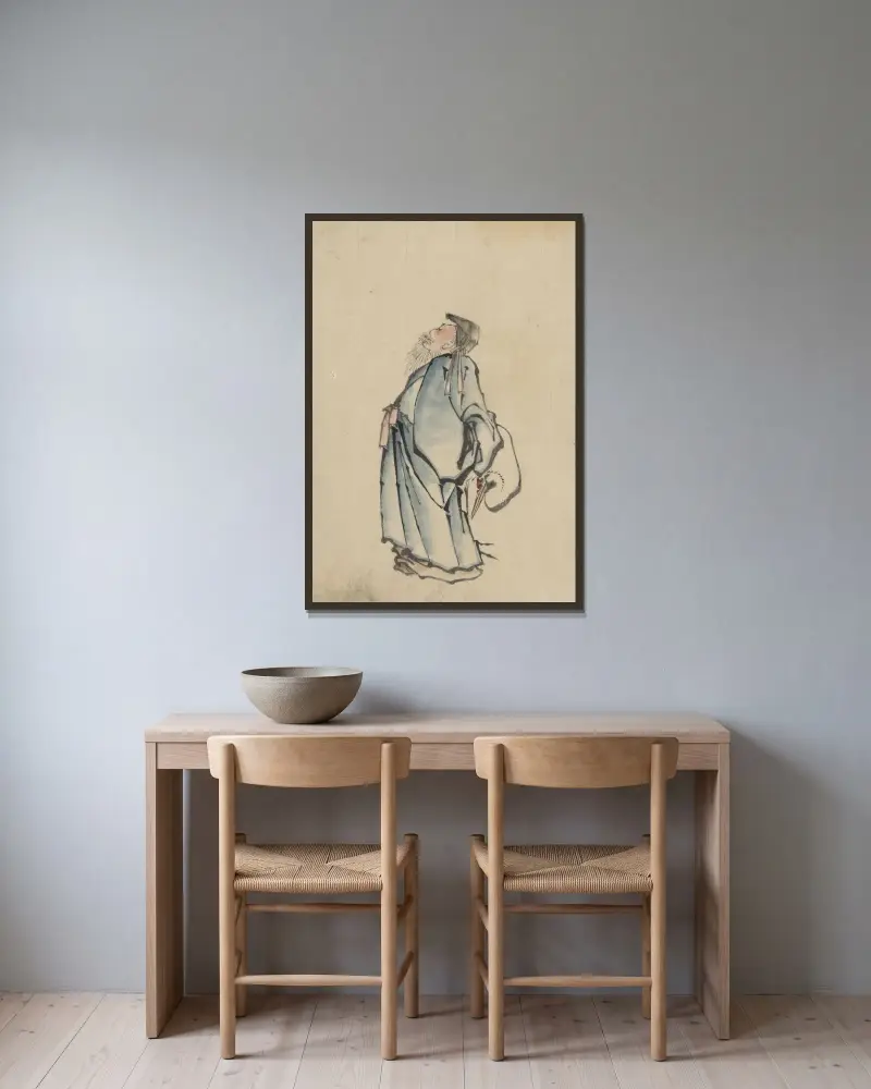 Fukurokuju, visdomens, rikedomens, långa livets och lyckans gud, en av de sju lyckogudarna av Katsushika Hokusai inramad på en vägg