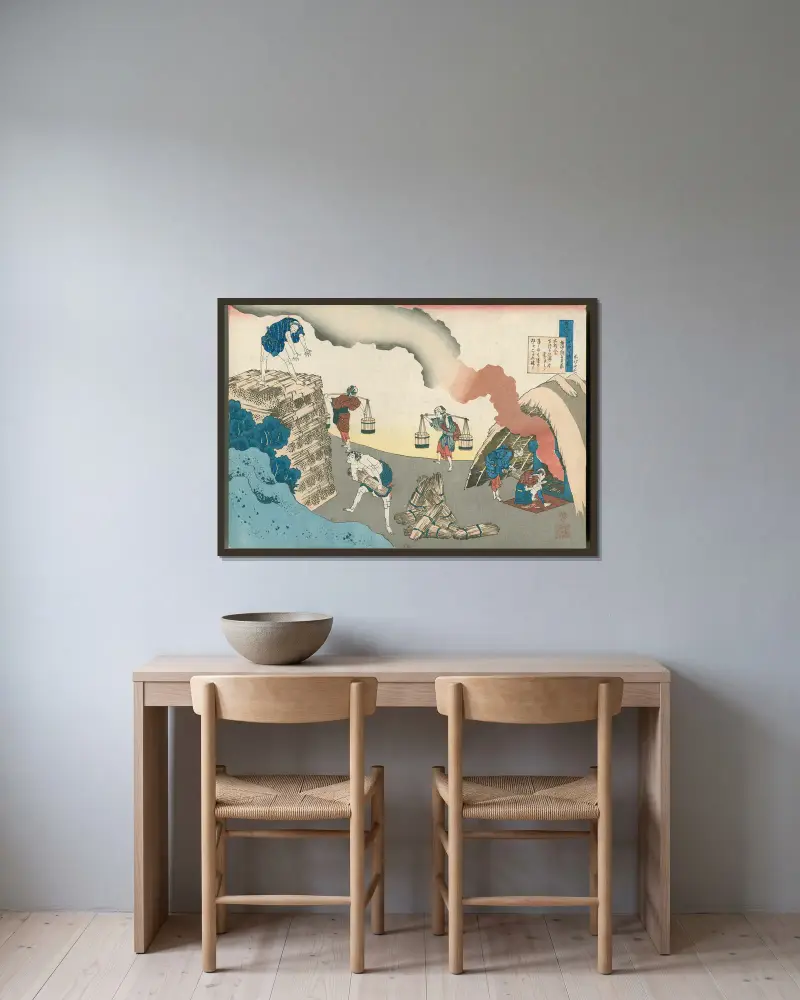 Gonchūnagon Sadaie av Katsushika Hokusai inramad på en vägg