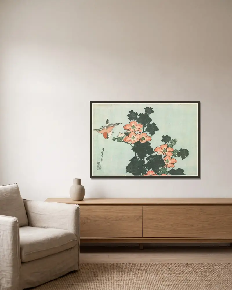 Hibiskus und Sperling von Katsushika Hokusai gerahmt an einer Wand