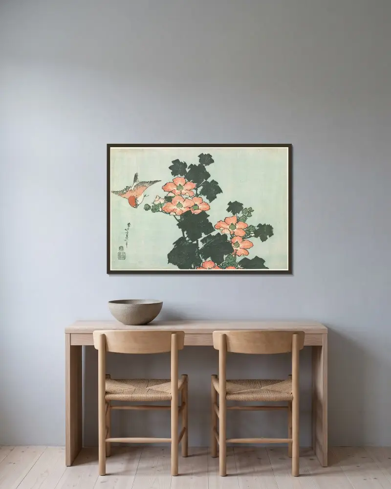 Hibiskus und Sperling von Katsushika Hokusai gerahmt an einer Wand