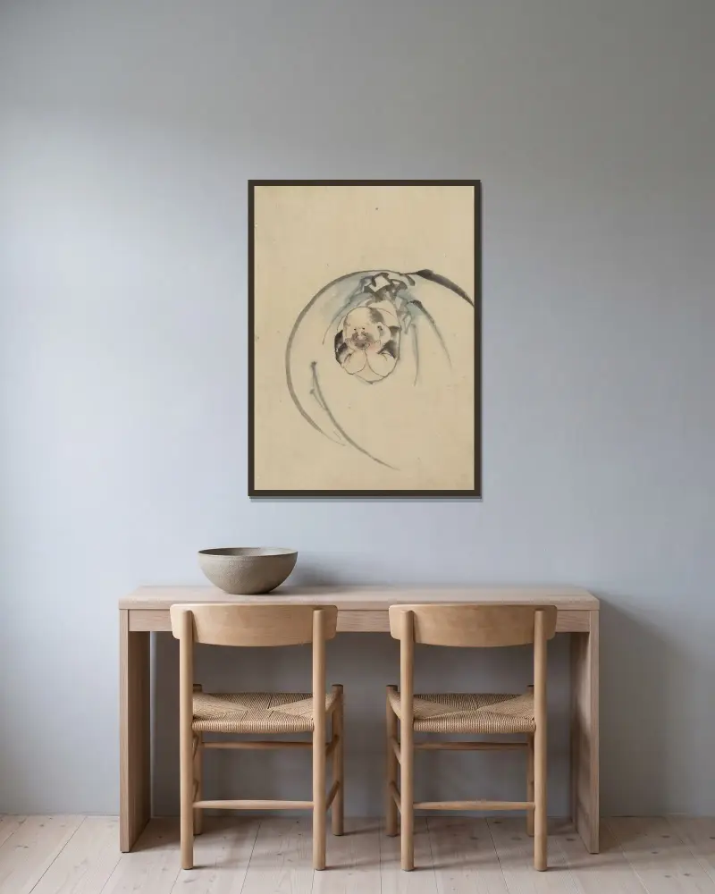 Hotei, lyckoguden, en av de sju lyckogudarna, framifrån med huvudet vilande i händerna av Katsushika Hokusai inramad på en vägg