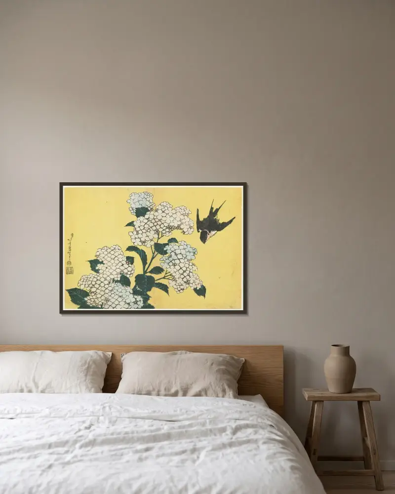 Hydrangeas and Swallow av Katsushika Hokusai inramad på en vägg