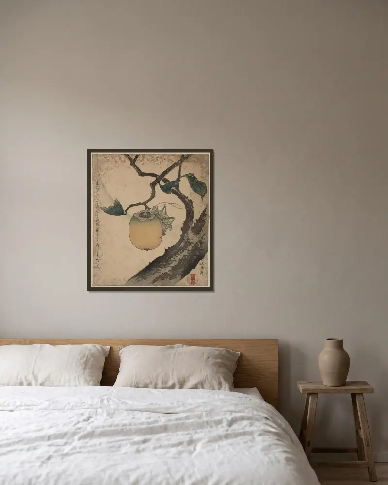 Gräshoppa på persimonträd av Katsushika Hokusai inramad på en vägg