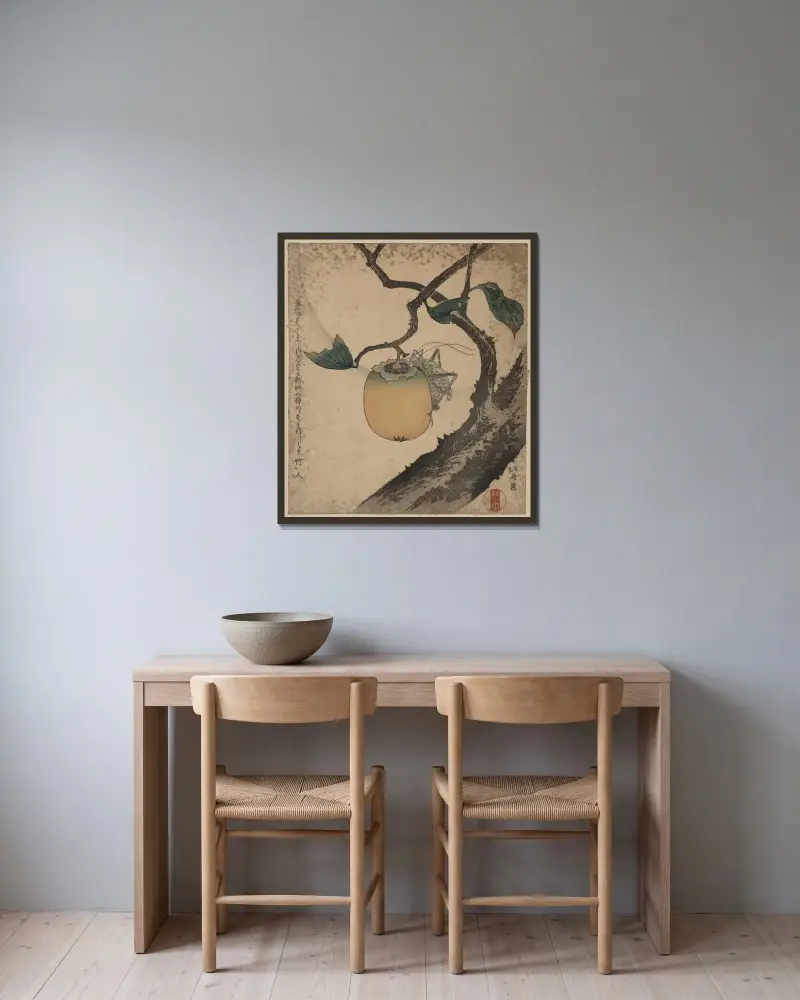 Gräshoppa på persimonträd av Katsushika Hokusai inramad på en vägg