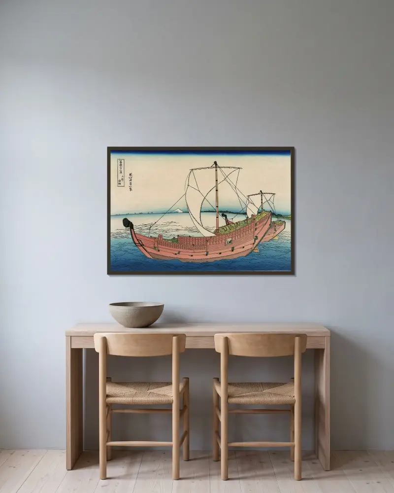 Kazusa no kairo av Katsushika Hokusai inramad på en vägg