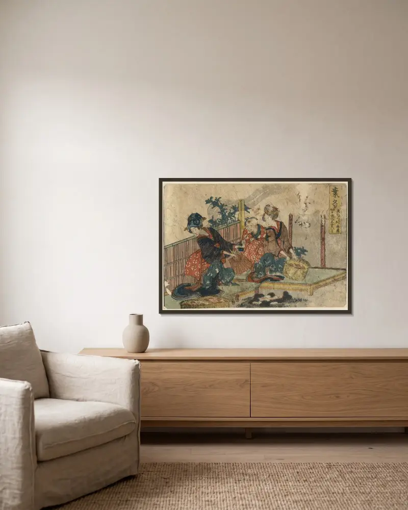 Kuwana av Katsushika Hokusai inramad på en vägg